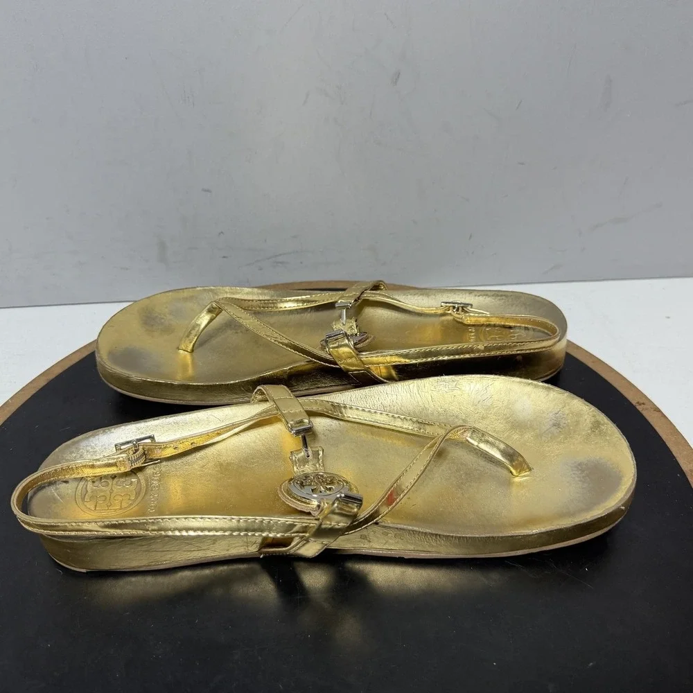 Tory Burch Sandals Womens Size 11 Gold Leather Thong Slingback Logo Casual